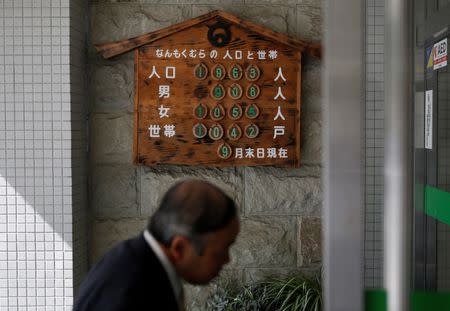 Numbers of population and households are displayed at the entrance of village office in Nanmoku Village, northwest of Tokyo, Japan October 12, 2017. Picture taken October 12, 2017. REUTERS/Issei Kato