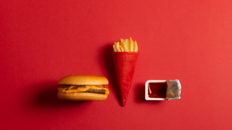 mcdonald's burger, fries, and ketchup