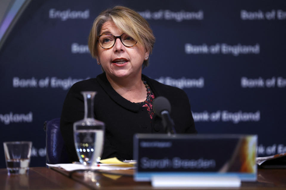 Interest rates Deputy Governor of the Bank of England for Financial Stability Sarah Breeden attends the biannual Financial Stability Report press conference, at the Bank of England in London, Wednesday Dec. 6, 2023. (Hannah McKay/Pool via AP)