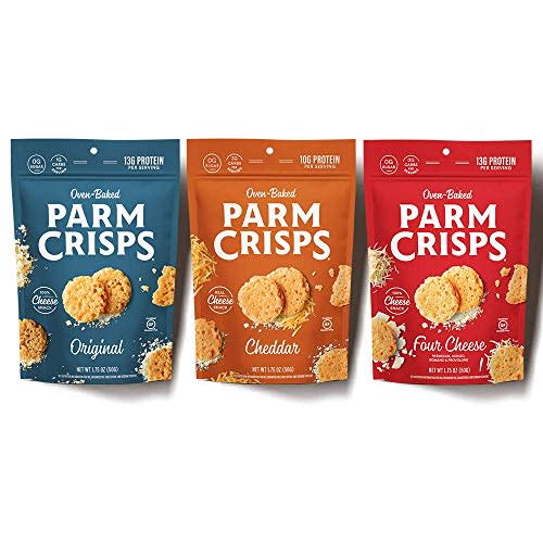 ParmCrisps Cheese Variety Pack, 100% REAL Cheese Crisps, Original Parmesan, Cheddar, Four Cheese, Keto Gluten Free Snacks, Oven Baked, Sugar Free, Low Carb, High Protein, Keto-Friendly | 1.75oz 3 Pack (Amazon / Amazon)