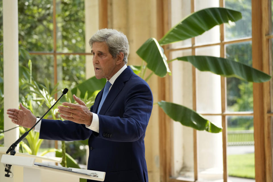 U.S. Special Presidential Envoy for Climate John Kerry delivers a policy speech in the Nash Conservatory at the Royal Botanic Gardens, Kew, in west, London, on a hot sunny day, Tuesday, July 20, 2021. The 19th century glasshouse was originally built in the grounds of Buckingham Palace and moved brick-by-brick to Kew in 1836. (AP Photo/Matt Dunham)