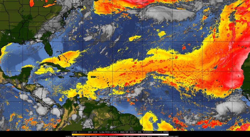 Satellite imagery from the National Weather Services shows patches of Saharan dust stretching across the Atlantic Ocean.