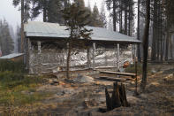 A cabin partially covered in fire-resistant material stands next to properties destroyed in the Caldor Fire in Twin Bridges, Calif., Thursday, Sept. 2, 2021. Better weather on Thursday helped the battle against a huge California forest fire threatening communities around Lake Tahoe, but commanders warned firefighters to keep their guard up against continuing dangers. (AP Photo/Jae C. Hong)