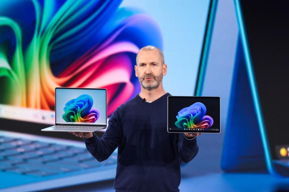Microsoft Corporate Vice President, Surface Devices Brett Ostrum speaking Monday. AFP via Getty Images