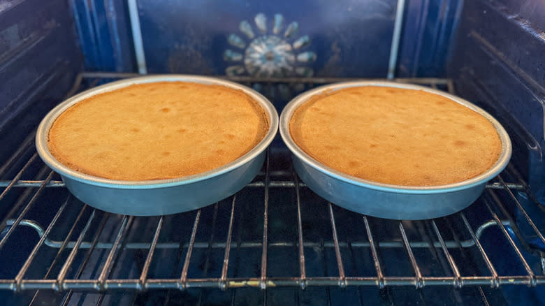 Chantilly cake layers baking in oven in round cake pans