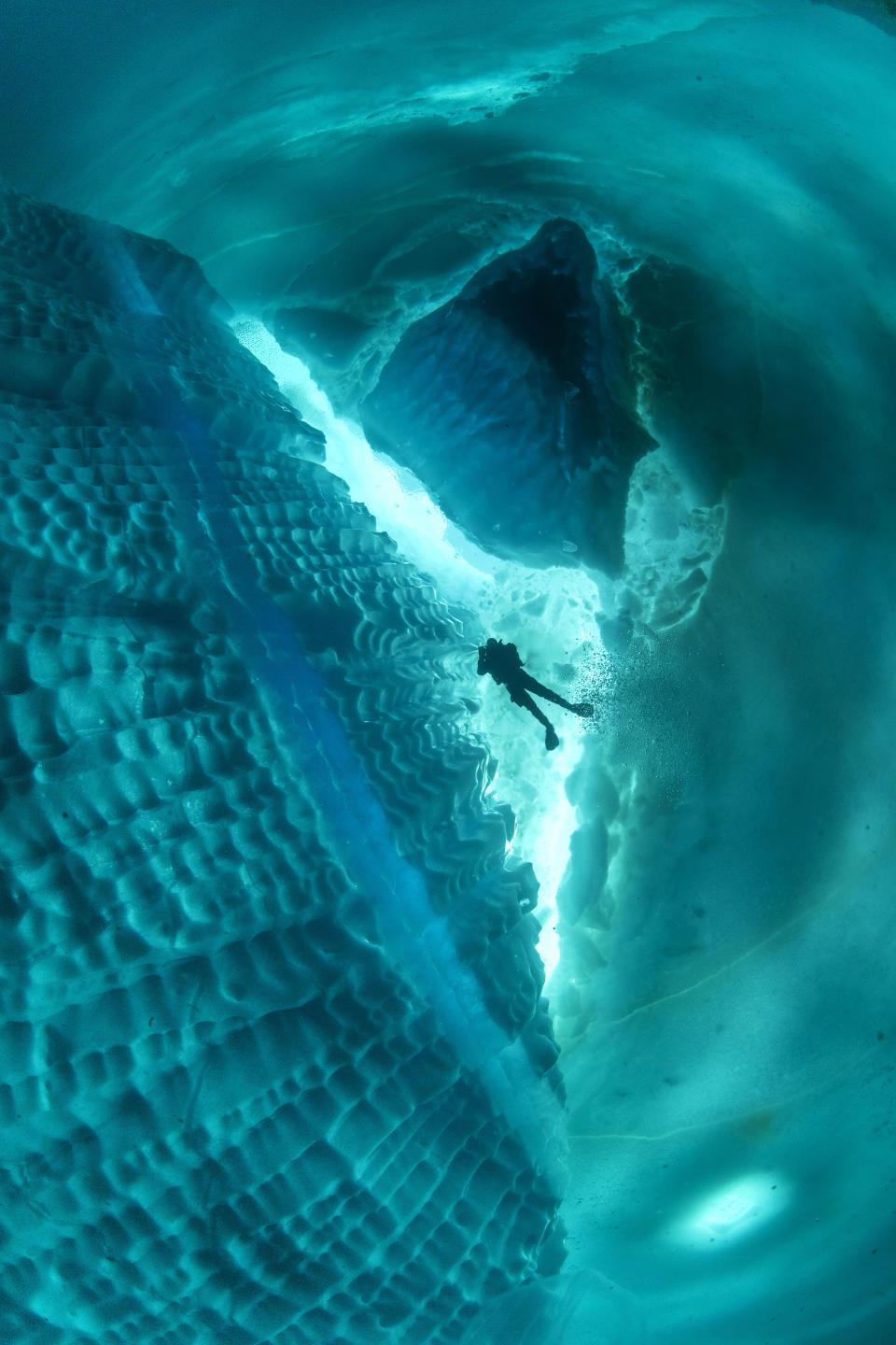 <p>In some of the pictures, divers are swimming around an underwater iceberg. (Photo: Franco Banfi/Caters News) </p>