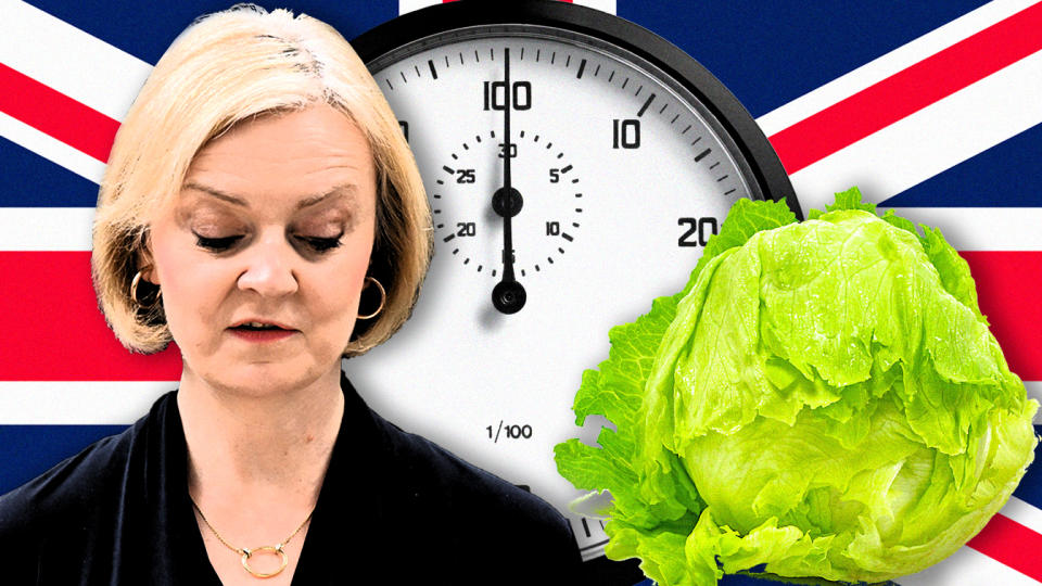 A photo illustration combining images of Liz Truss, the British flag, a stopwatch and a head of lettuce.