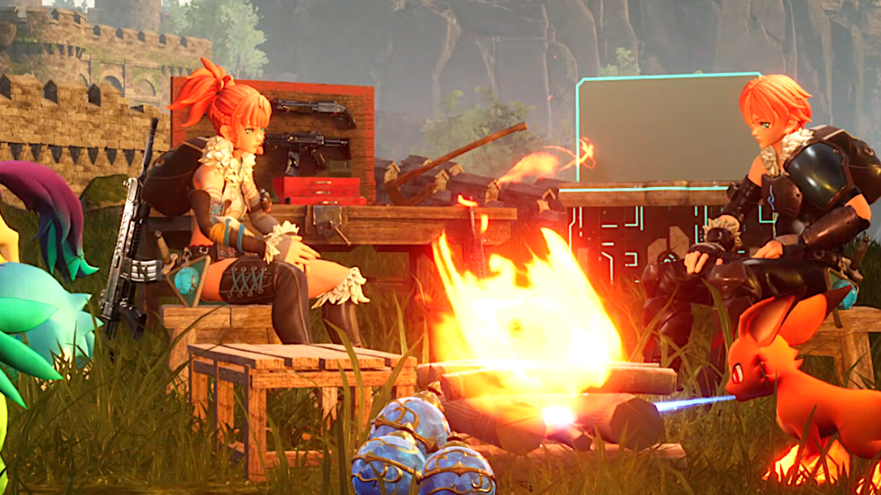  An image of two Palworld trainers seated by a campfire while their pal breaths a jet of flame onto the logs. 