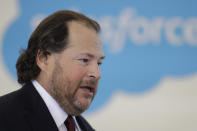 Salesforce chairman Marc Benioff speaks during a news conference, Thursday, May 16, 2019, in Indianapolis. The business software company said it aims to provide skills training to 500,000 people as part of a Trump administration push to boost career opportunities among Americans. (AP Photo/Darron Cummings)