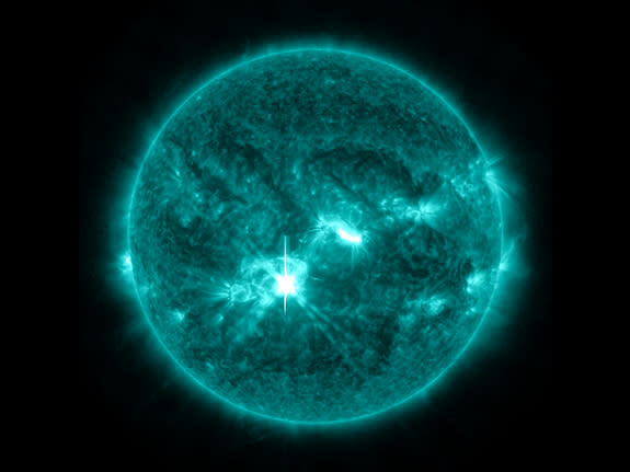 NASA's Solar Dynamics Observatory spacecraft captured this image on the sun of an M9.4-class solar flare, which peaked at 8:30 pm EDT on Oct. 23, 2013. The image displays light in the wavelength of 131 Angstroms, which is good for viewing the i