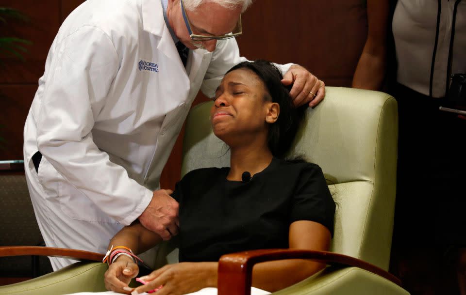 A gunshot victim being consoled after Florida shooting in June 2016. Source: Getty