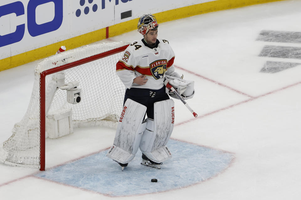 Florida Panthers goaltender Alex Lyon stands in the crease after giving up a goal to the Boston Bruins during the second period of Game 1 of an NHL hockey playoff series Monday, April 17, 2023, in Boston. (AP Photo/Winslow Townson)