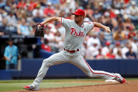 Sep 1, 2014; Atlanta, GA, USA; Philadelphia Phillies starting pitcher Cole Hamels (35) throws the ball against the Atlanta Braves in the second inning at Turner Field. Brett Davis-USA TODAY Sports