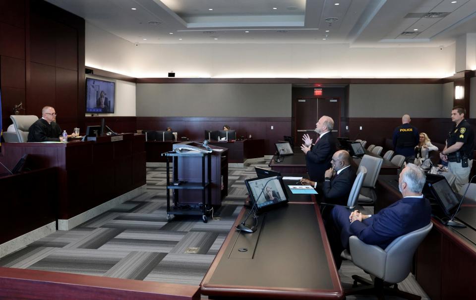 Clark County Chief Deputy District Attorney Marc DiGiacomo, addresses Chief Judge Jerry Wiese regarding an indictment in the 1996 murder of Tupac Shakur during a court hearing at the Regional Justice Center in Las Vegas on Friday, Sept. 29, 2023. A grand jury in Las Vegas has indicted one of the last living witnesses to the 1996 killing of Tupac Shakur in the rapper’s death. Duane "Keffe D" Davis has been charged with murder with use a deadly weapon.