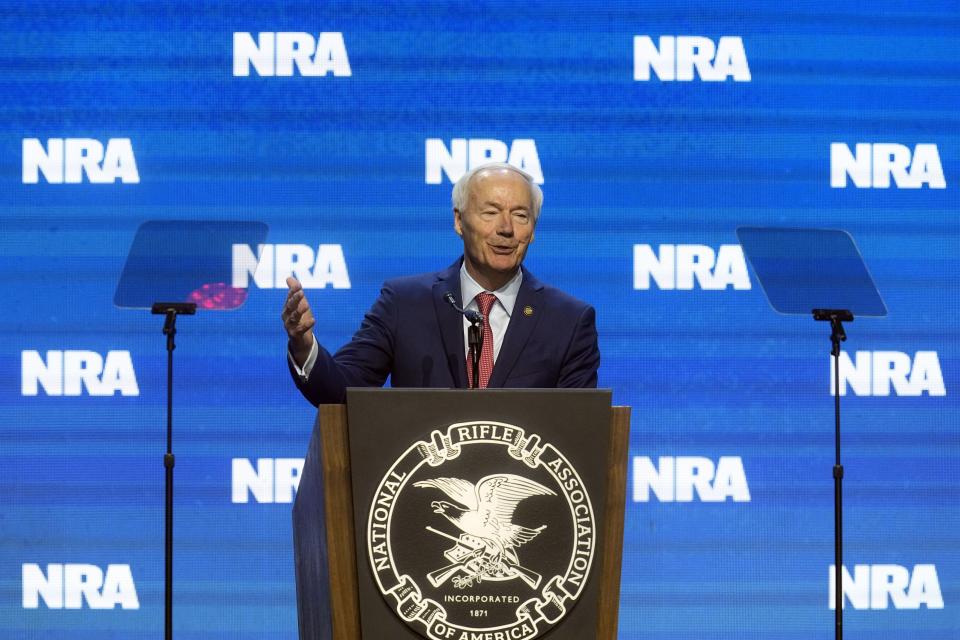 Former Arkansas Gov. Asa Hutchinson speaks at the National Rifle Association Convention.