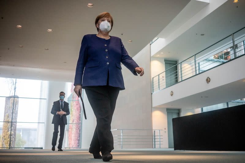 German Chancellor Angela Merkel gives a statement on 2020 U.S. presidential election in Berlin