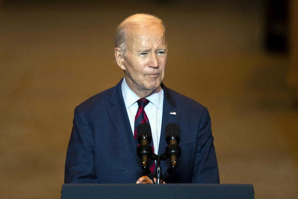 President Joe Biden speaks at a shipyard in Philadelphia, Thursday, July 20, 2023. Biden is visiting the shipyard to push for a strong role for unions in tech and clean energy jobs. (AP Photo/Joe Lamberti)