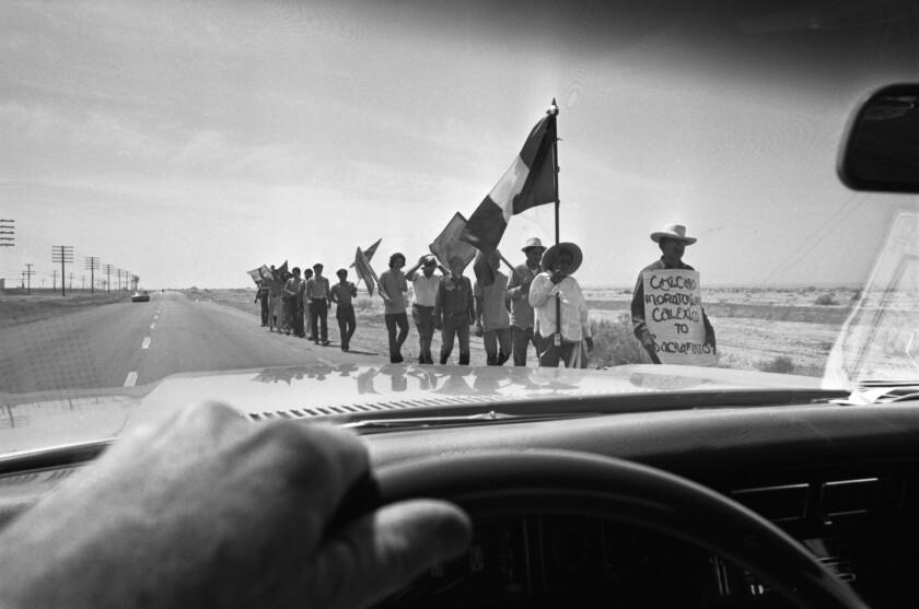 May 12, 1971: Chicanos marching along desert road near the Salton Sea during protest march from Calexico to Sacramento. This photo appeared in the May 13, 1971, Los Angeles Times.