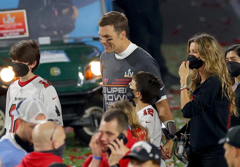 PHOTO: Tom Brady of the Tampa Bay Buccaneers celebrates with Gisele Bundchen after winning Super Bowl LV at Raymond James Stadium, Feb. 7, 2021 in Tampa, Florida.  (Kevin C. Cox/Getty Images, FILE)