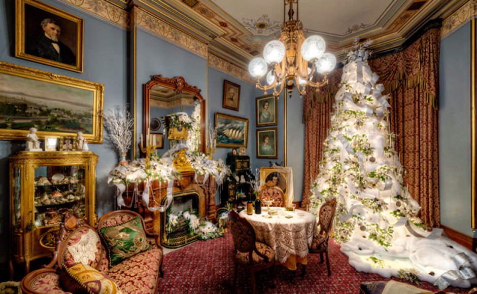 One of the rooms in the Fall River Historical Society is decorated for a previous Christmas season.