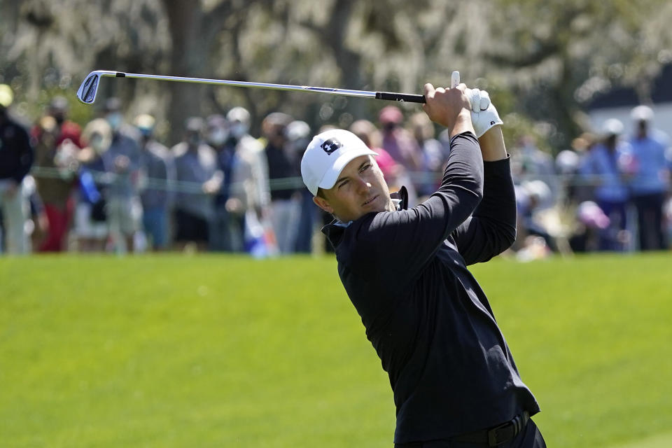 Jordan Spieth hits a shot on the first fairway during the final round of the Arnold Palmer Invitational golf tournament Sunday, March 7, 2021, in Orlando, Fla. (AP Photo/John Raoux)