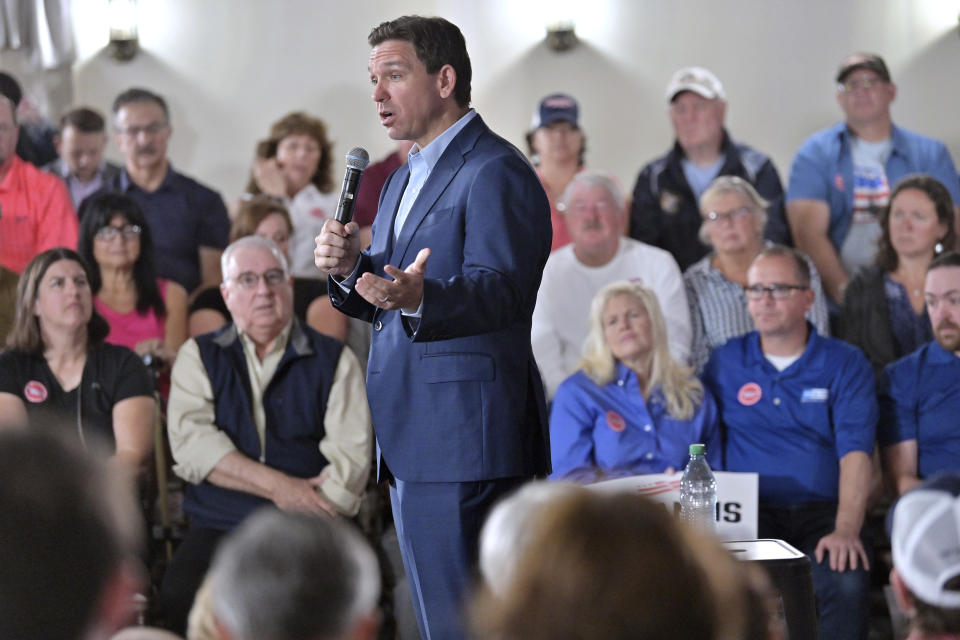 Florida Gov. Ron DeSantis, a Republican presidential candidate, speaks during a town hall event in Hollis, N.H., Tuesday, June 27, 2023. (AP Photo/Josh Reynolds)