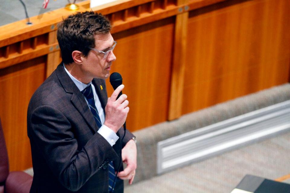 State Sen. Gregg Schmedes, R-Tijeras, criticizes a bill that would shore up abortion access statewide amid a flurry of local anti-abortion ordinances, Tuesday, March 7, 2023, at the Capitol building in Santa Fe, N.M. A 23-15 vote of the Senate nearly ensures the bill will reach the desk of supportive Democratic Gov. Michelle Lujan Grisham. New Mexico has one of the country's most liberal abortion access laws, but two local counties and three cities have recently adopted abortion restrictions that reflect deep-seated opposition to the procedure.