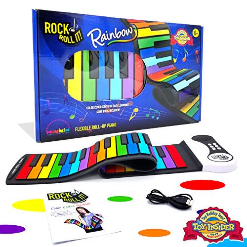 Rock And Roll It - Rainbow Piano. Flexible, Completely Portable, 49 standard Keys, battery OR USB powered. Includes play-by-color song book! (Amazon / Amazon)