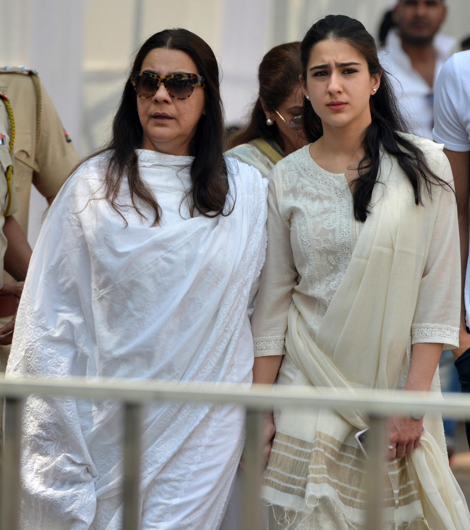 MUMBAI, INDIA  FEBRUARY 28: Amrita Singh and Sara Ali Khan arrives at Celebration Sports Club to pay last respects to Sridevi in Mumbai. (Photo by Milind Shelte/The India Today Group via Getty Images)