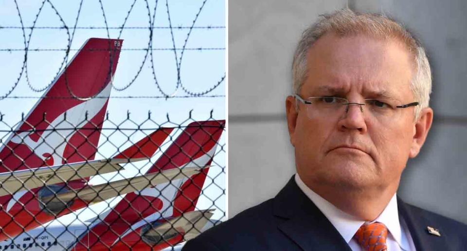 Qantas planes behind a wire fence in a photo on the left. Scott Morrison is pictured on the right.