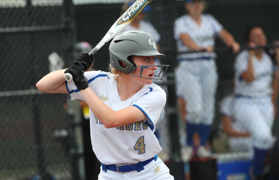 Webster Schroeder's Mikayla Bengsch (4) at the plate in the NYSPHSAA Class A final against Vestal at Moriches Athletic Complex in Moriches on Saturday, June 11, 2022.