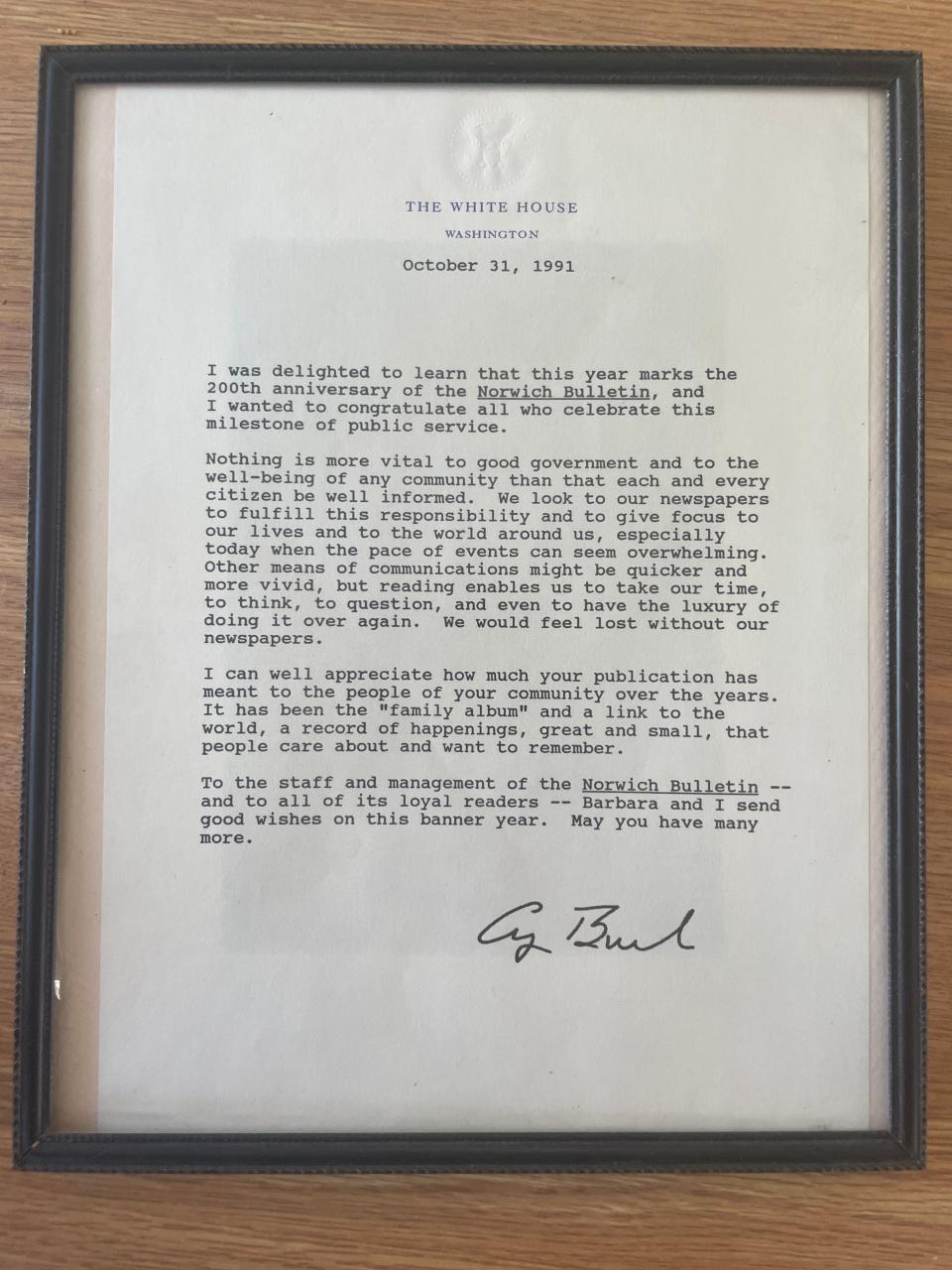 Former President George H.W. Bush sent The Bulletin a letter on Halloween 1991, recognizing 200 years of service.
