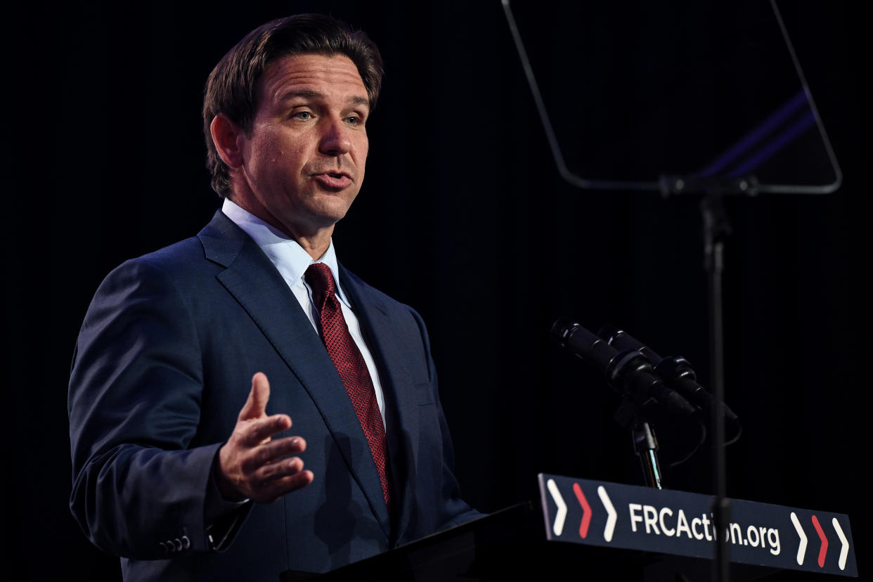 Gov. Ron DeSantis, (R-Fla.) speaks at the Pray Vote Stand Summit at the Omni Shoreham Hotel, in Washington on Sept. 15, 2023. (Kenny Holston/The New York Times)