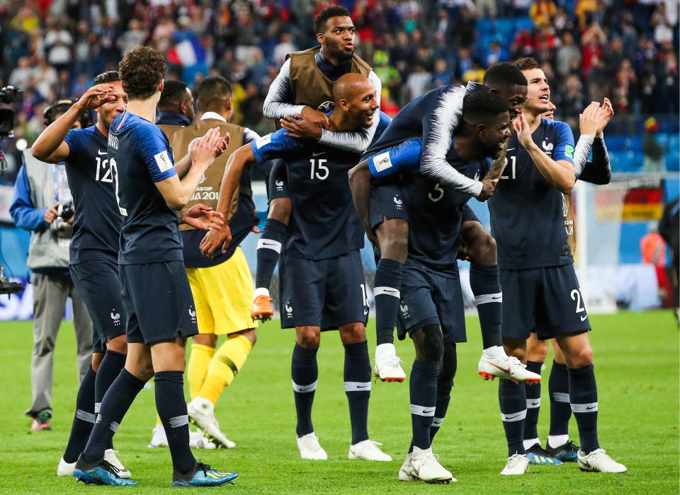 <p>France’s players celebrate victory in the 2018 FIFA World Cup Semi-final match between France and Belgium at Saint Petersburg Stadium. Sergei Bobylev/TASS (Photo by Sergei Bobylev\TASS via Getty Images) </p>