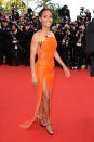 Jada Pinkett Smith finds herself in 2 Hot 2 Handle for the second consecutive week thanks to the Atelier Versace gown she wore to the <a href="http://movies.yahoo.com/movie/madagascar-3-europes-most-wanted/" data-ylk="slk:"Madagascar 3";elm:context_link;itc:0;sec:content-canvas" class="link ">"Madagascar 3"</a> unveiling at the Cannes Film Festival. The pint-size beauty perfectly paired her gold-accented tangerine dream with metallic Jimmy Choo sandals and a smile. (5/18/2012)