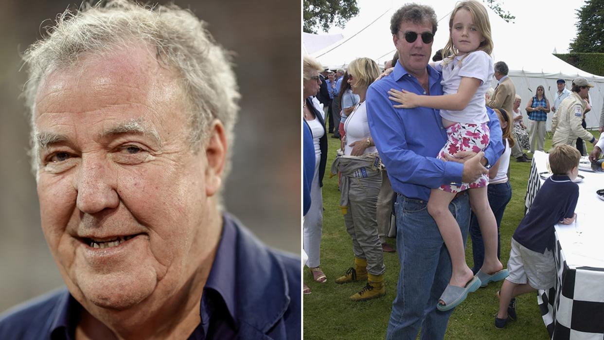 Split image of Jeremy Clarkson at an F1 event and one of him holding his daughter when she was young