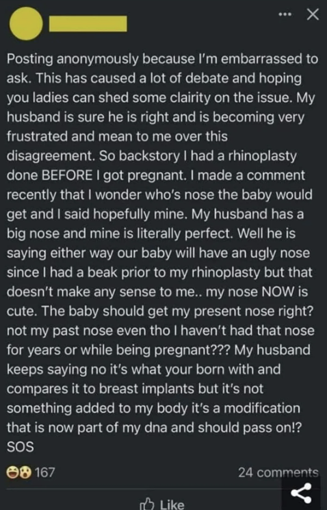 post where someone wonders if their rhinoplasty impacted their baby's nose
