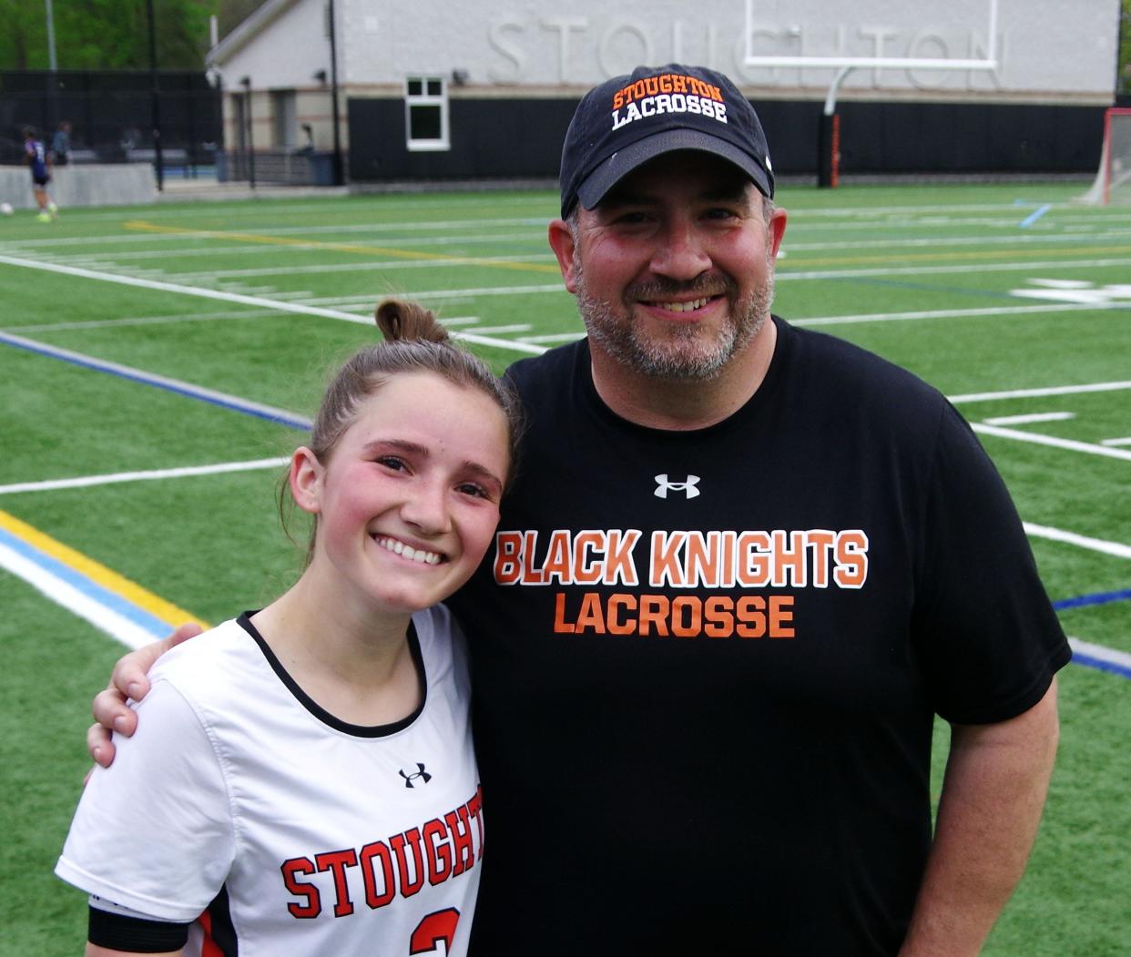 Morgan Groppi with her dad, Stoughton volunteer coach Keith Groppi, on Tuesday, May 6, 2024.