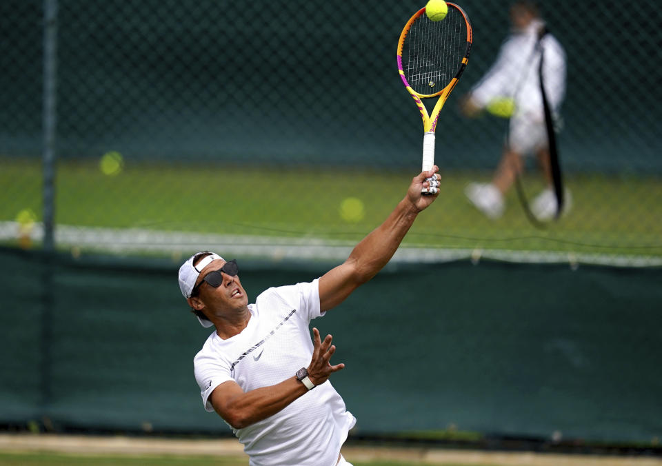 Rafael Nadal during a practice session ahead of the 2022 Wimbledon Championship at the All England Lawn Tennis and Croquet Club, Wimbledon, London, Saturday, June 25, 2022. (John Walton/PA via AP)