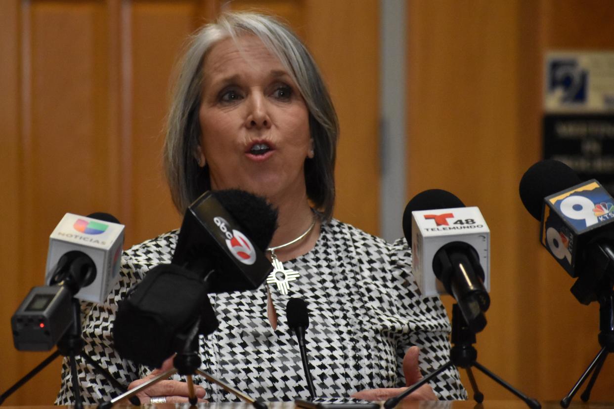 Gov. Michelle Lujan Grisham announces a nearly $4 million investment in La Union's Gardner Dam at a news conference at the Doña Ana County Government Center on March 3, 2022.