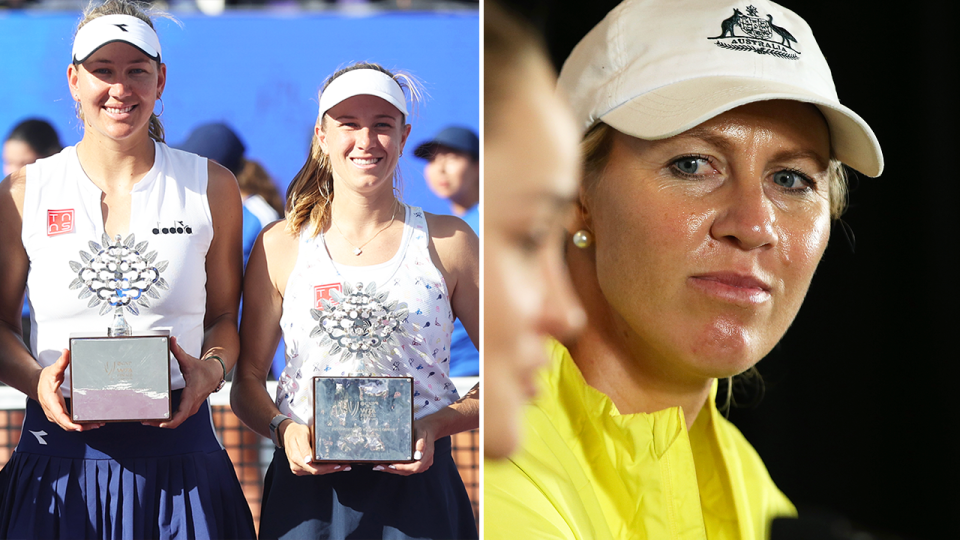 Ellen Perez poses with a trophy and Alicia Molik reacts.