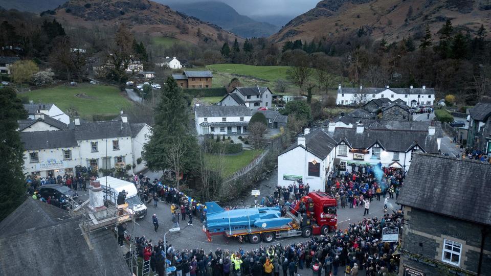 Bluebird, pictured on the back of a lorry, returning to Coniston