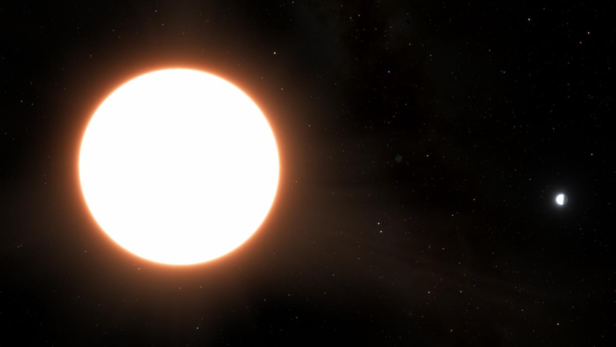  An illustration of an extremely bright, white planet orbiting a star at breakneck speed 