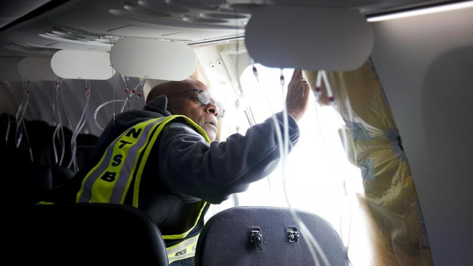 PHOTO: NTSB Investigates Alaska Airlines Flight 1282 After Section Of Plane Blew Off During Flight (Handout/Getty Images)