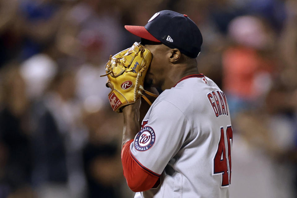 Washington Nationals pitcher Josiah Gray reacts after giving up a home run to New York Mets' Pete Alonso during the sixth inning of a baseball game Friday, Sept. 2, 2022, in New York. (AP Photo/Adam Hunger)