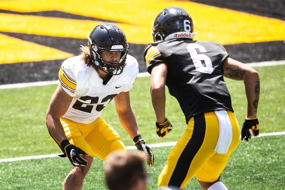 Iowa defensive back Xavior Williams, left, defends Iowa wide receiver Keagan Johnson (6) during Hawkeyes football Kids Day at Kinnick open practice, Saturday, Aug. 14, 2021, at Kinnick Stadium in Iowa City, Iowa.