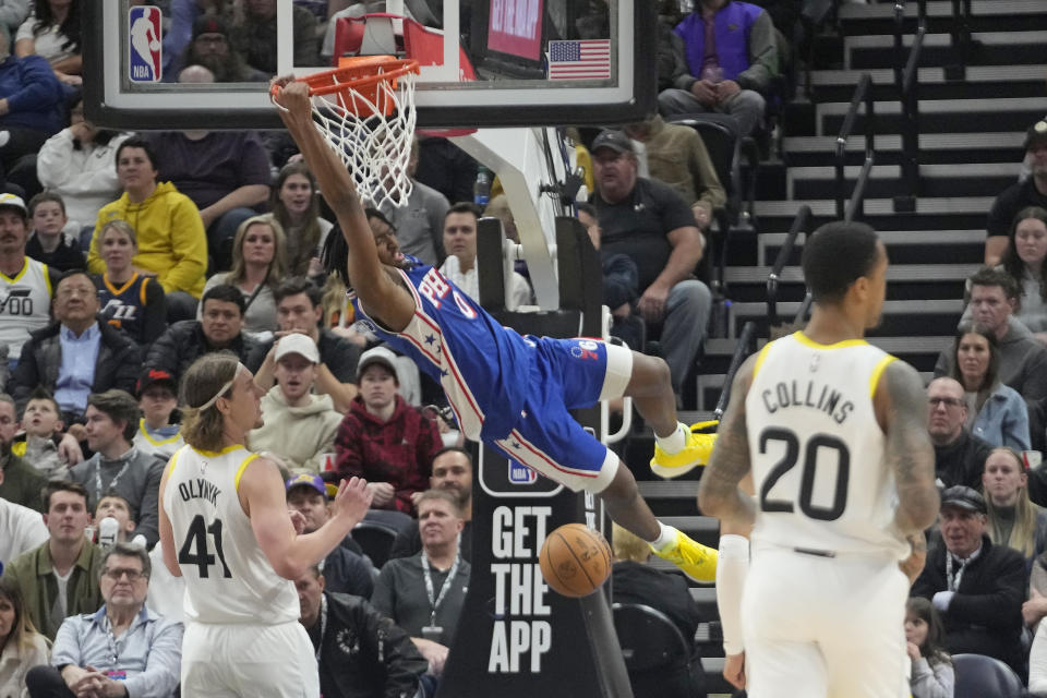 Philadelphia 76ers guard Tyrese Maxey (0) dunks against the Utah Jazz during the second half of an NBA basketball game Thursday, Feb. 1, 2024, in Salt Lake City. (AP Photo/Rick Bowmer)