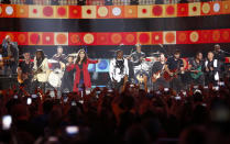 <p>Earth, Wind & Fire and Lady Antebellum perform at the conclusion of the CMT Music Awards at Music City Center on Wednesday, June 7, 2017, in Nashville, Tenn. From left are, Verdine White, Hillary Scott, Philip Bailey Jr., Dave Haywood and Ralph Johnson. (Photo by Wade Payne/Invision/AP) </p>