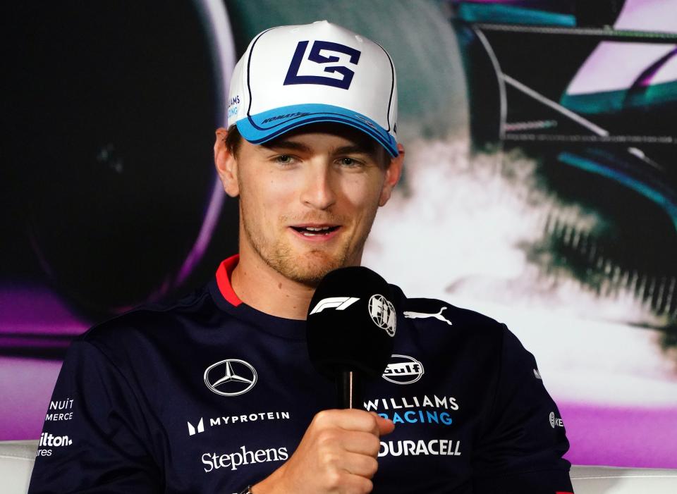 May 2, 2024; Miami Gardens, Florida, USA; Williams driver Logan Sargeant (2) addresses the media in advance of the Miami Grand Prix at the Miami International Autodrome. Mandatory Credit: John David Mercer-USA TODAY Sports