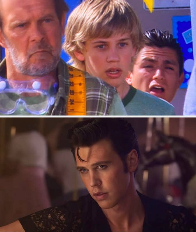 Above, a closeup of Austin in Ned's Declassified School Survival Guide; below him in Elvis